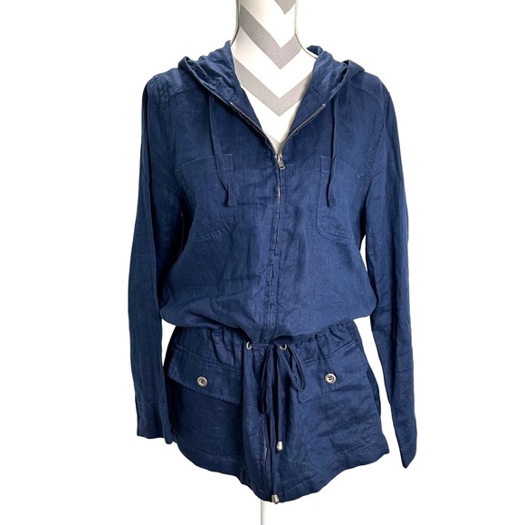 Kenar Linen Hooded Anorak Jacket Drawstring Waist Full Zip Utility Navy Small - Picture 1 of 7